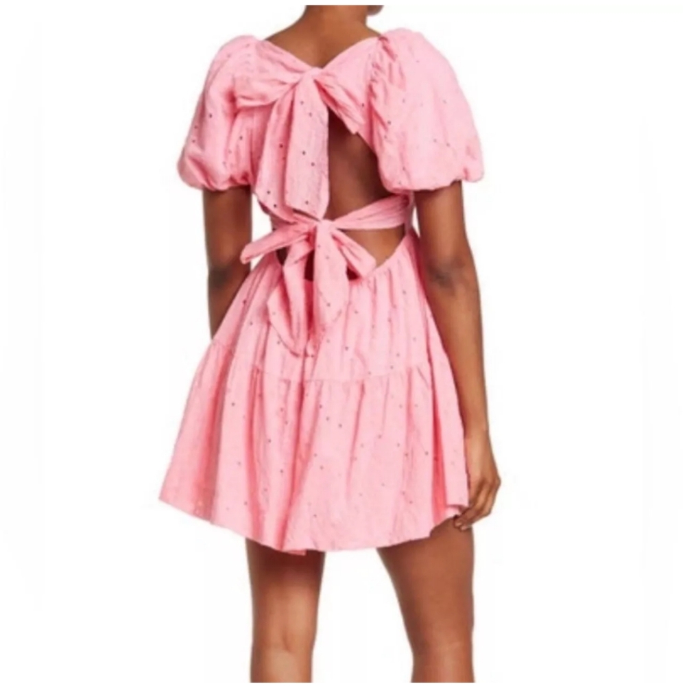 NWT Do + Be pink eyelet dress with puff sleeves and flared skirt.  Open back wit